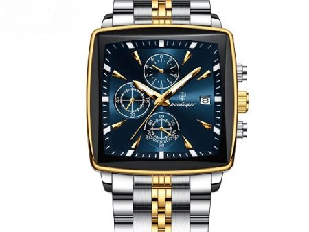 Mens Top Brand Luxury Multi-function Chronograph Quartz Square Sport Waterproof Luminous Gold Blue Watch Cheap