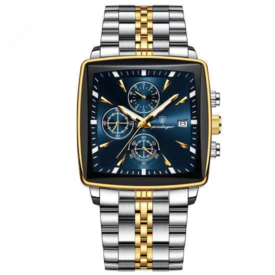 Mens Top Brand Luxury Multi-function Chronograph Quartz Square Sport Waterproof Luminous Gold Blue Watch Cheap