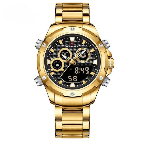 Mens Top Brand Military Grade  Multi-function Chronograph Quartz Alarm Digital Waterproof Luminous  Gold Black Watch Supply