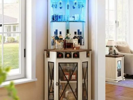 LEAF Collection White Corner Wood Wine and Liquor Bar Cabinet with Glass Doors Shelfs and Multicolor LED Discount