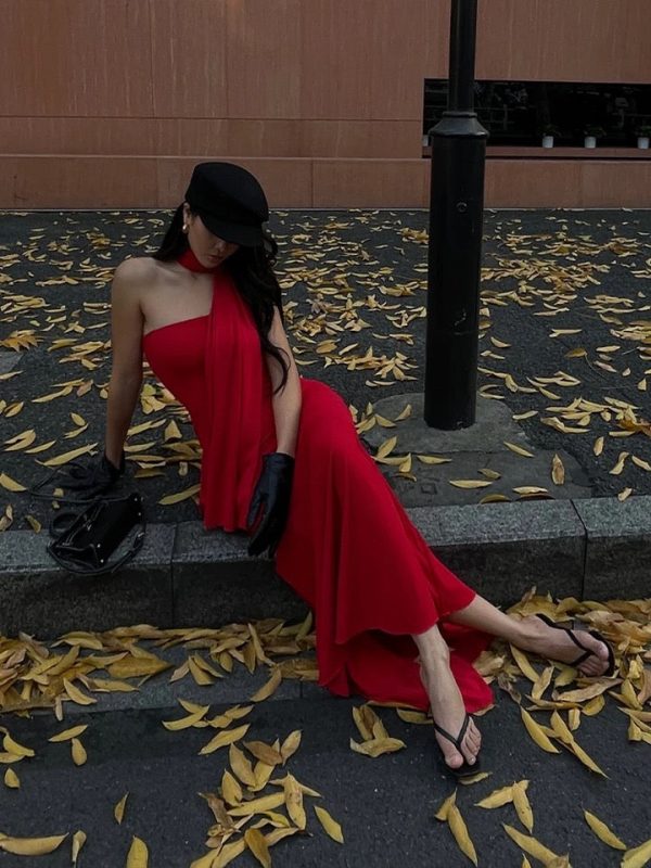 Alamea Offshoulder Statement Dress with Scarf in Red Online now