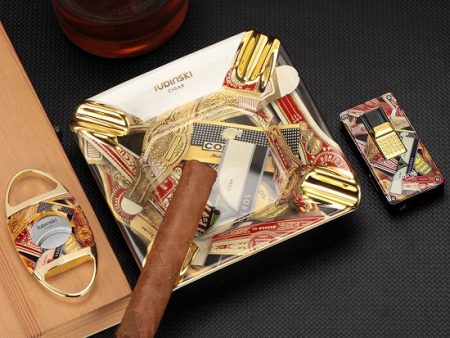 Luxury Hand Made Fine Ceramic Windproof  Four Slots Sigar Gold Plated Ashtrays with lighter and Sigar Cutter Combination Designed by Lubinski Sigars Supply