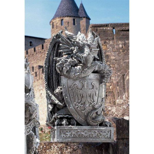 Arthurian Medieval Dragon Garden Statue With Shield By Artist Gary Chang Sale