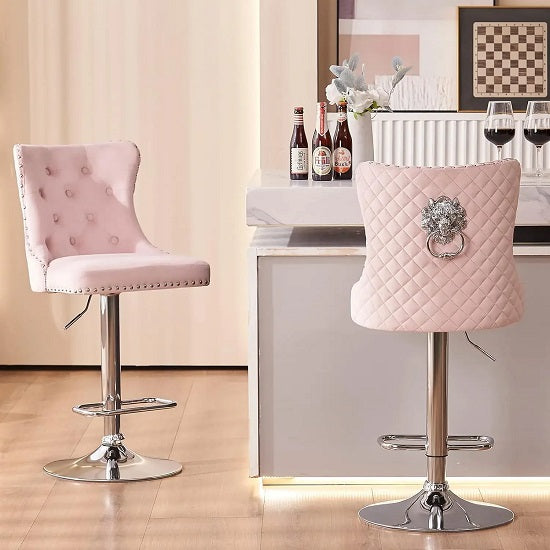 Designer luxury Velvet Upholstered  Bar Chairs With a Lion s Head Pull Ring Set Of Two Online Sale