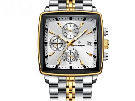 Mens Top Brand Luxury Multi-function Chronograph Quartz Square Sport  Waterproof Luminous Gold White  Watch Online Hot Sale