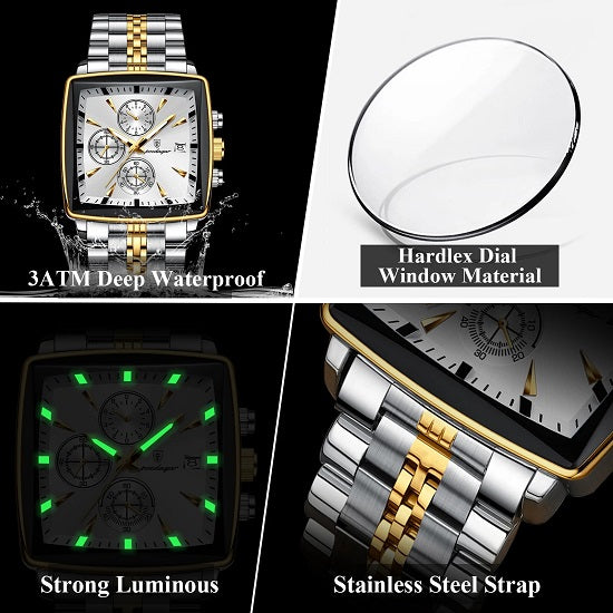 Mens Top Brand Luxury Multi-function Chronograph Quartz Square Sport Waterproof Luminous Gold Gold Watch Online Hot Sale