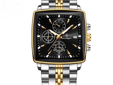 Mens Top Brand Luxury Multi-function Chronograph Quartz Square Sport  Waterproof Luminous Gold  Black Watch For Sale