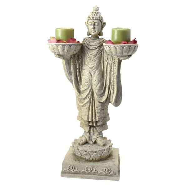 Buddha  with Two Candle Holder  Bowls Zen Garden Statue Online