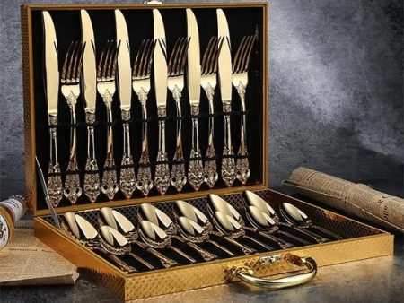 English  Royal Style Gold and Silver Plated Stainless Steel Cutlery Silverware 24 piece Set in Golden Box Supply