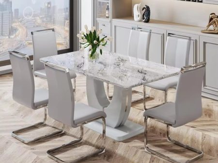 Dining Table Set for 6 with Artificial Marble Tabletop and 6 Pu Leather Cushioned Chairs Online