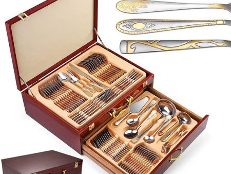 Versace Style Royal  Gold Plated Stainless Steel Cutlery Silverware 72_84 piece Set in Wood Box Online