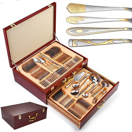 Versace Style Royal  Gold Plated Stainless Steel Cutlery Silverware 72_84 piece Set in Wood Box Online