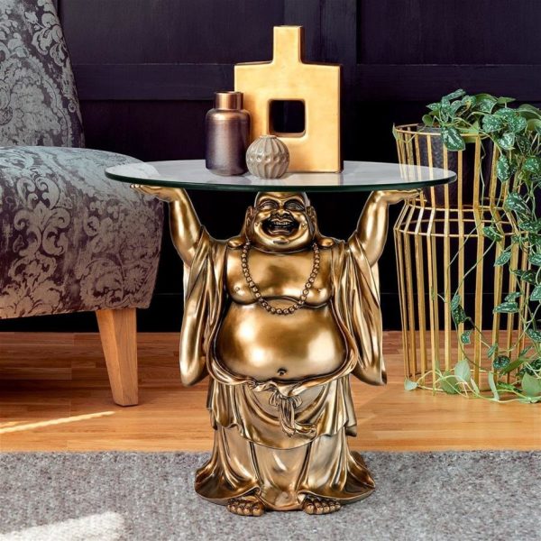 Feng Shui Decoration Jolly Hotei Buddha Glass-Topped Sculptural Table For Sale