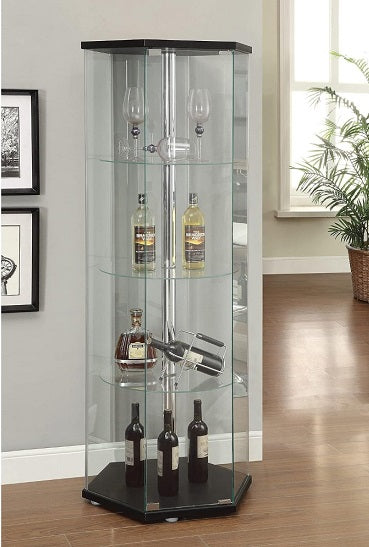 Private Collection Corner Glass Wine and Liquor Bar Cabinet Hexagon Shaped Display with Glass Doors Shelfs Discount