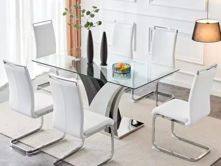 Dining Table Set for 6 with White Rectangle Tempered Glass Tabletop and 6 Pu Leather Cushioned Chairs Sale