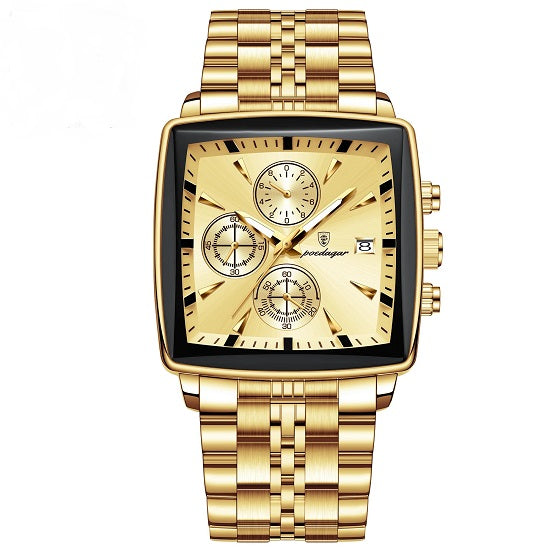 Mens Top Brand Luxury Multi-function Chronograph Quartz Square Sport Waterproof Luminous Gold Gold Watch Online Hot Sale