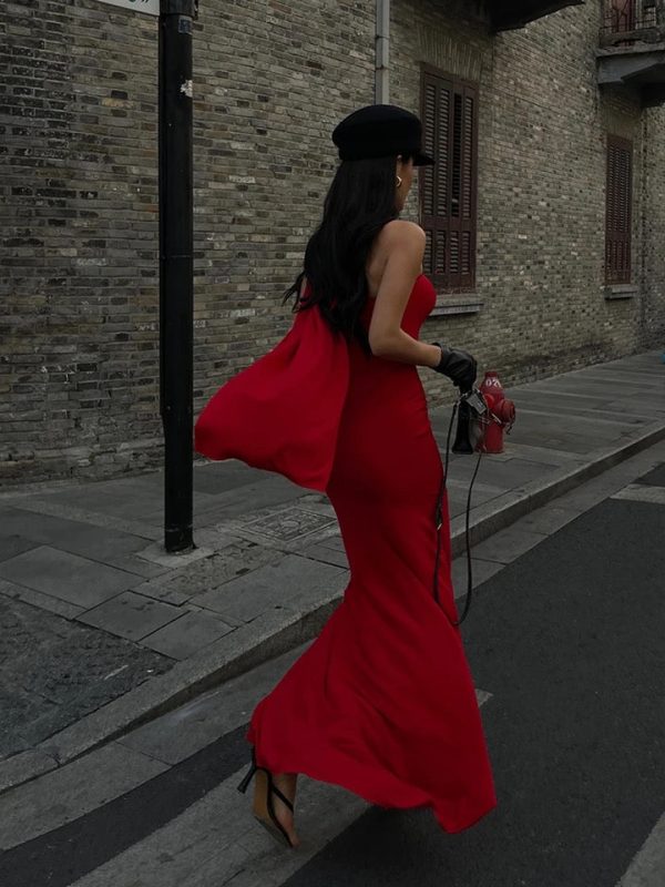 Alamea Offshoulder Statement Dress with Scarf in Red Online now