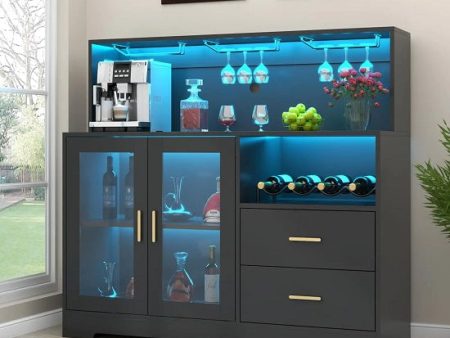 Private Collection Wood Wine and Liquor Bar Cabinet with Glass Doors Shelfs and Multicolor LED For Cheap