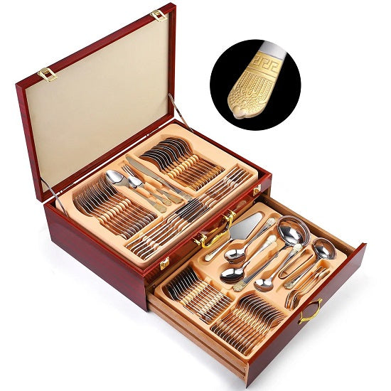 Versace Style Royal  Gold Plated Stainless Steel Cutlery Silverware 72_84 piece Set in Wood Box Online