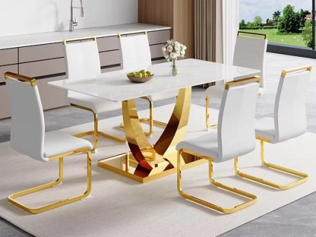 Dining Table Set for 6 with White Rectangle Artificial Marble Tabletop and 6 Pu Leather Cushioned Chairs Discount