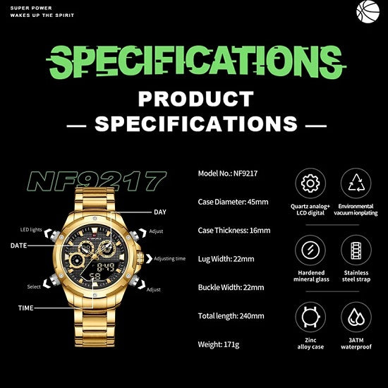 Mens Top Brand Military Grade  Multi-function Chronograph Quartz Alarm Digital Waterproof Luminous  Gold Gold Watch Online