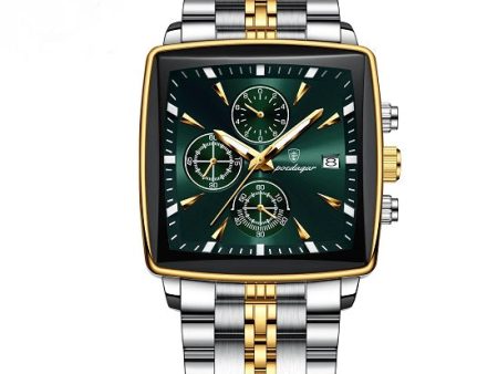 Mens Top Brand Luxury Multi-function Chronograph Quartz Square Sport Waterproof Luminous Gold Green Watch Discount