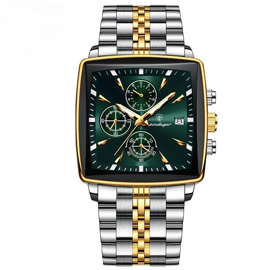 Mens Top Brand Luxury Multi-function Chronograph Quartz Square Sport Waterproof Luminous Gold Green Watch Discount