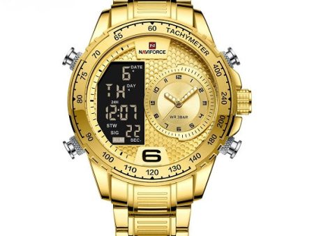 Mens Top Brand Newest Design Multi-function Chronograph Tachymeter Quartz Alarm Digital Waterproof Luminous  Gold Gold Watch Online Hot Sale