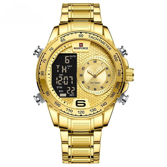 Mens Top Brand Newest Design Multi-function Chronograph Tachymeter Quartz Alarm Digital Waterproof Luminous  Gold Gold Watch Online Hot Sale