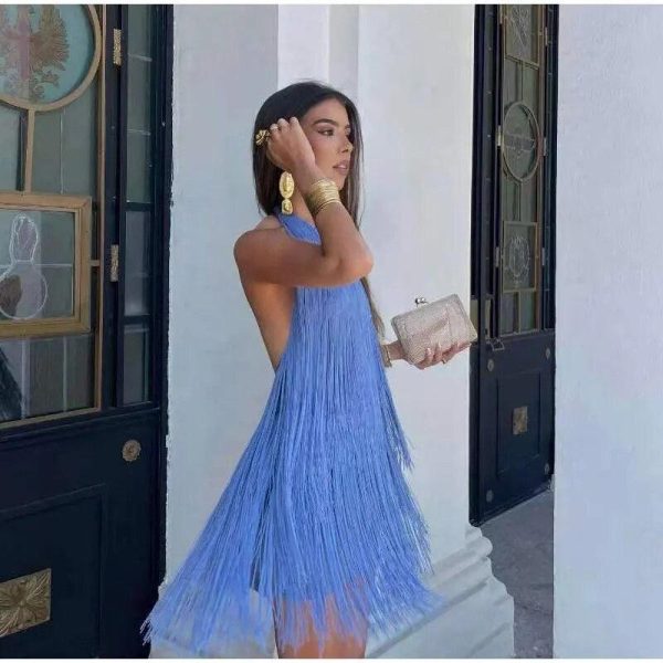 Blue Hue Tasseled Statement Dress Online Hot Sale