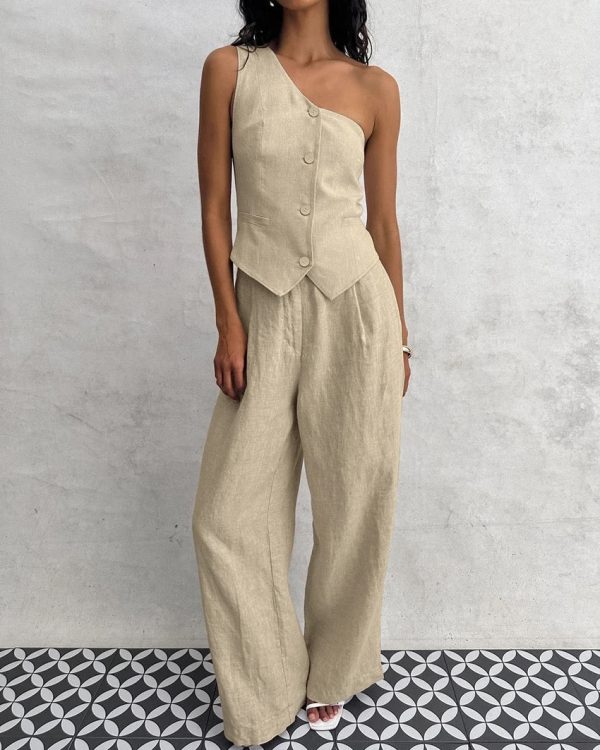 Boled Statement Vest Suit with Pants in Khaki Hot on Sale