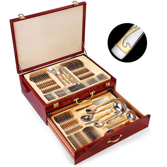 Versace Style Royal  Gold Plated Stainless Steel Cutlery Silverware 72_84 piece Set in Wood Box Online