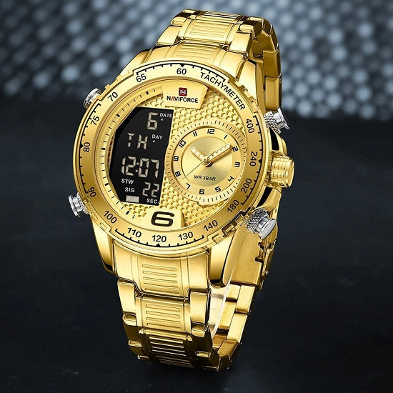 Mens Top Brand Newest Design Multi-function Chronograph Tachymeter Quartz Alarm Digital Waterproof Luminous  Gold Gold Watch Online Hot Sale