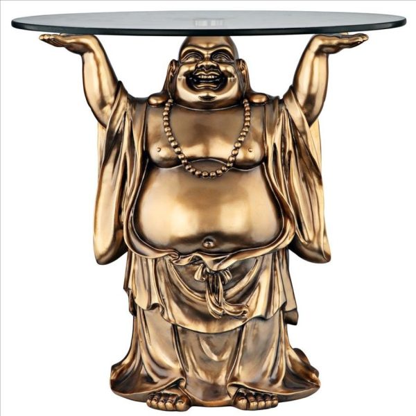 Feng Shui Decoration Jolly Hotei Buddha Glass-Topped Sculptural Table For Sale